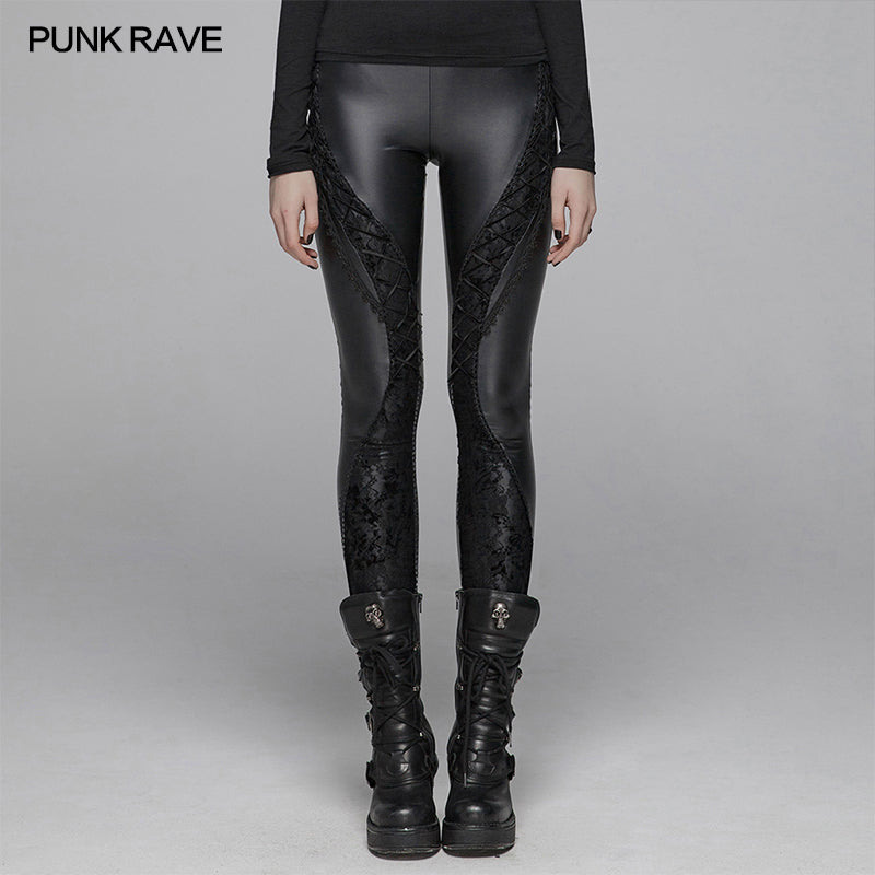 WK-377 Gothic Women Elasticity Knit PU Legging Pants With Curves Lace Decoration
