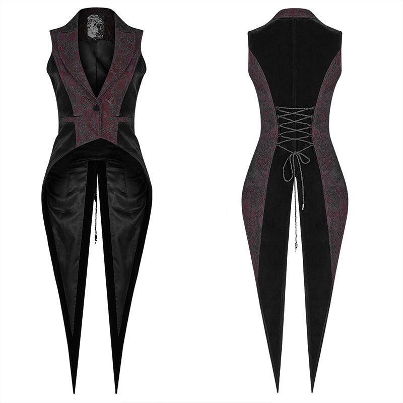WY-1055 Gothic Red And black Tuxedo Vest V-neck Tailcoat For Women