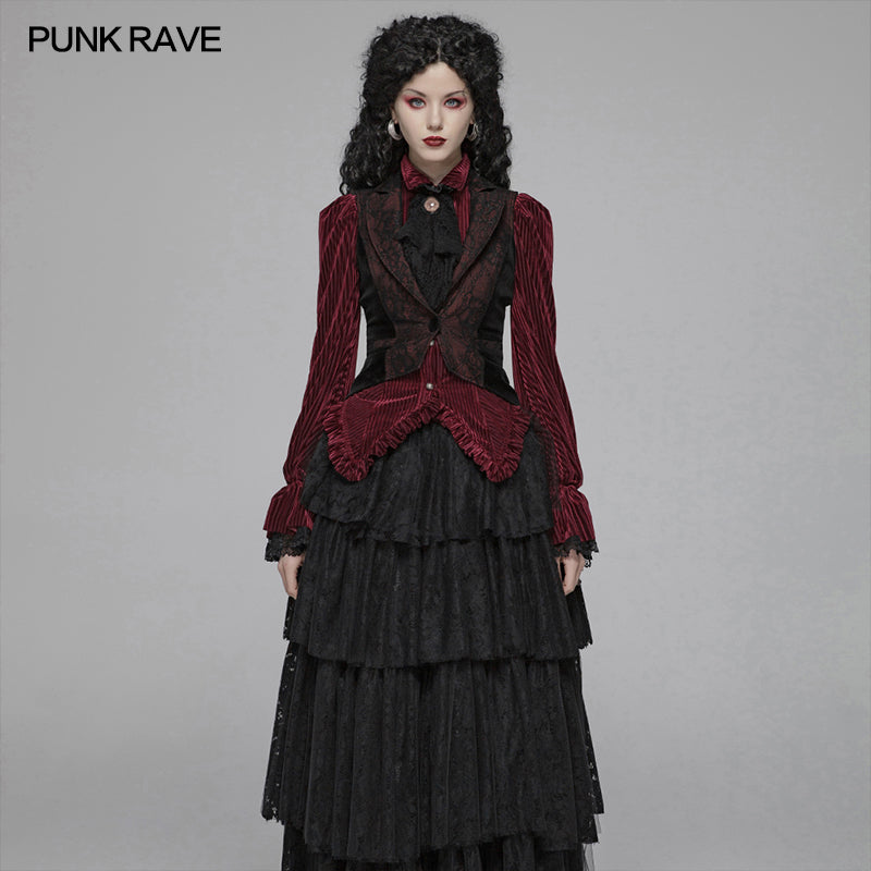 WY-1055 Gothic Red And black Tuxedo Vest V-neck Tailcoat For Women