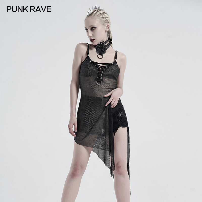 WQ-495LQF Punk daily perspective silver mesh camisole