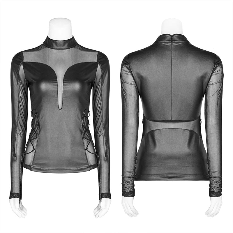 WT-576 Punk Sexy PU Leather And Elastic Mesh Stitching Long Sleeve T-shirt For Women