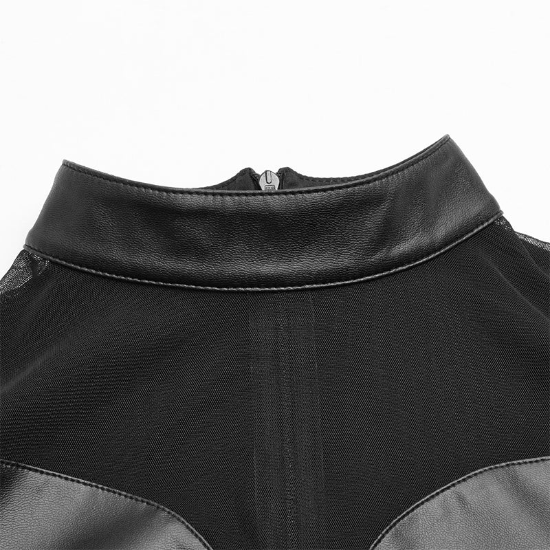 WT-576 Punk Sexy PU Leather And Elastic Mesh Stitching Long Sleeve T-shirt For Women