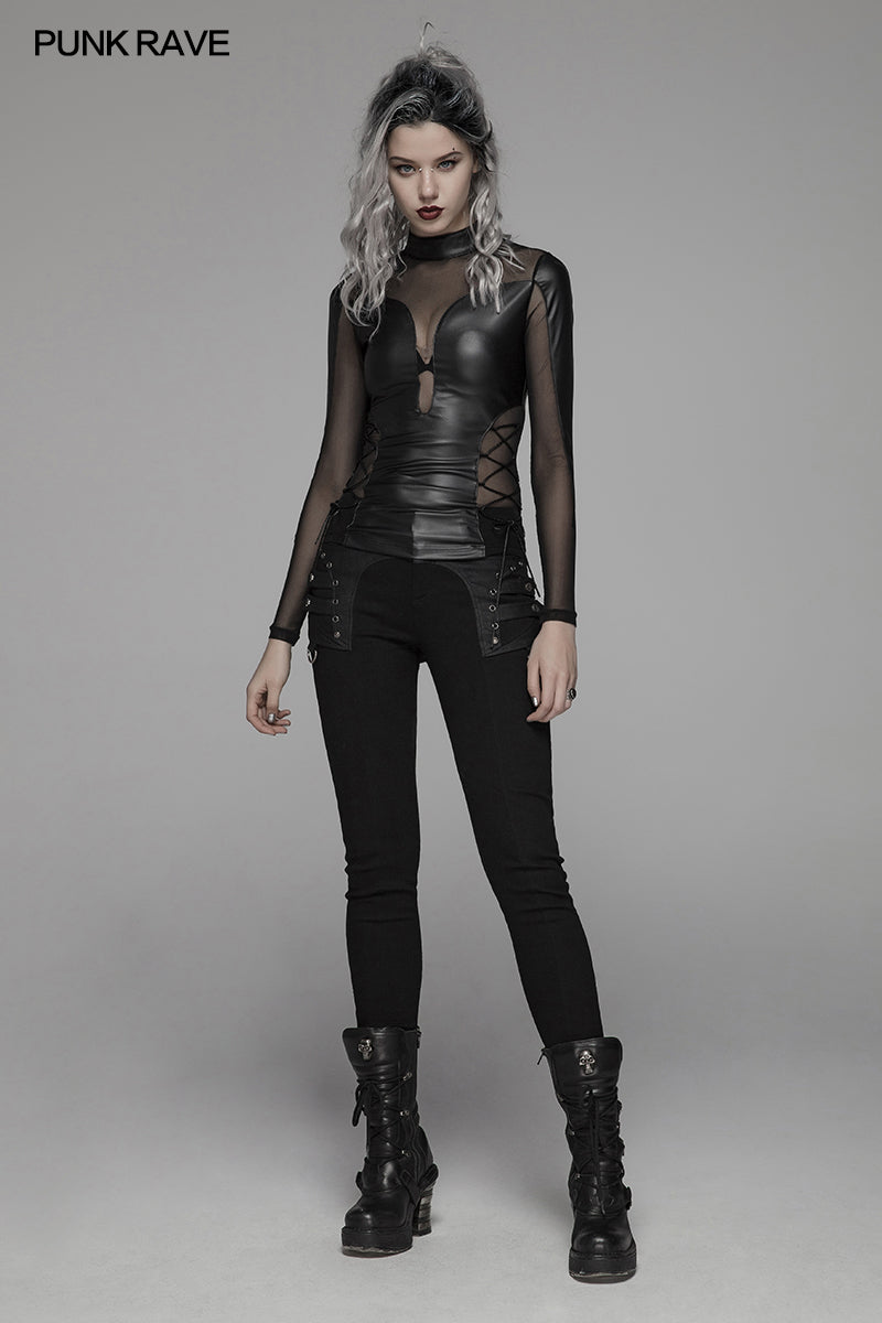 WT-576 Punk Sexy PU Leather And Elastic Mesh Stitching Long Sleeve T-shirt For Women