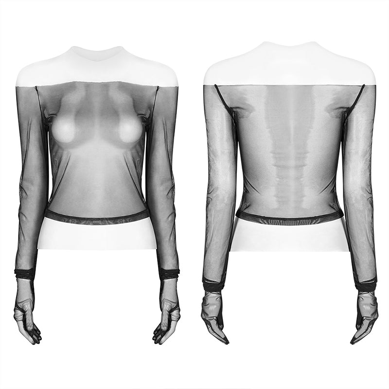 WT-578 PUNK Off The Shoulder Elastic Transparent Mesh Long Sleeve T-shirt For Women