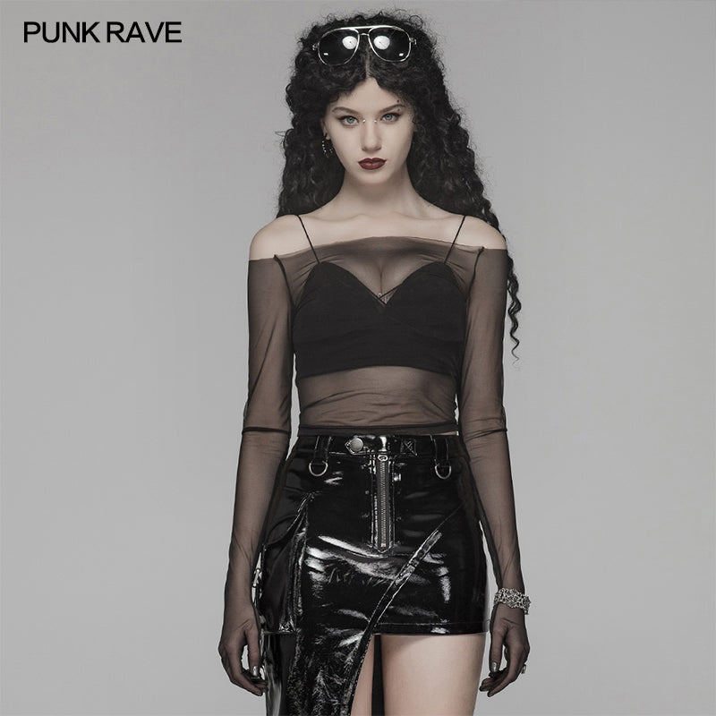 WT-578 PUNK Off The Shoulder Elastic Transparent Mesh Long Sleeve T-shirt For Women