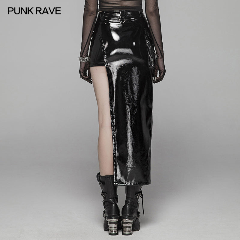WQ-404 Punk Women Bright PU Asymmetric Skirt