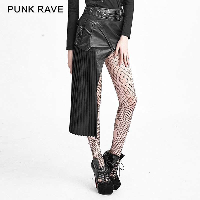 Q-274 Original Asymmetrical Sexy Pleated Leather Micro Mini Punk Skirt