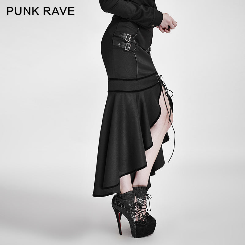 Q-293 black Military Slit Flishtail Slim Fitting Half Long Punk Skirt