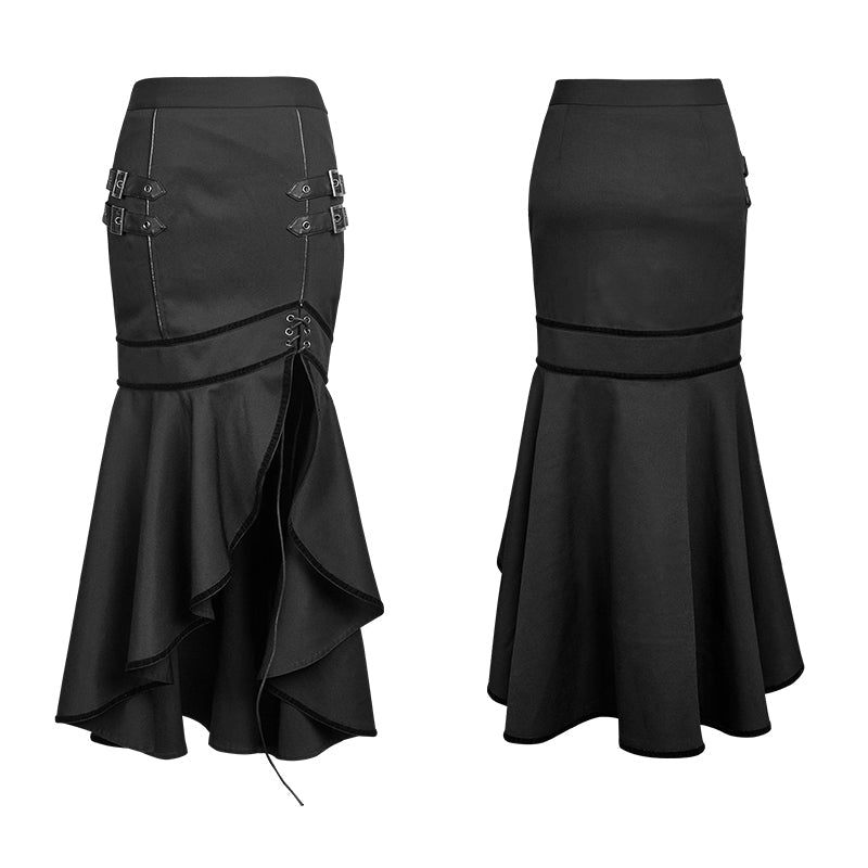 Q-293 black Military Slit Flishtail Slim Fitting Half Long Punk Skirt