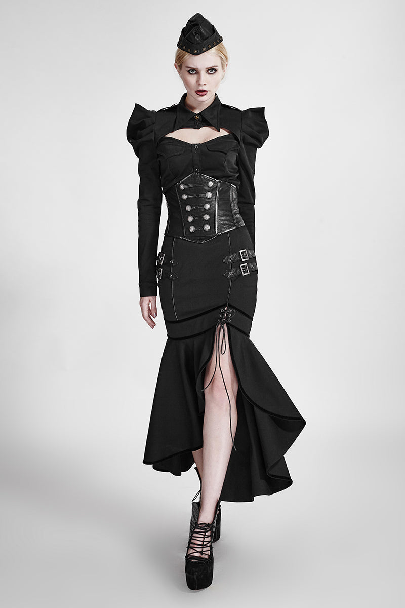 Q-293 black Military Slit Flishtail Slim Fitting Half Long Punk Skirt