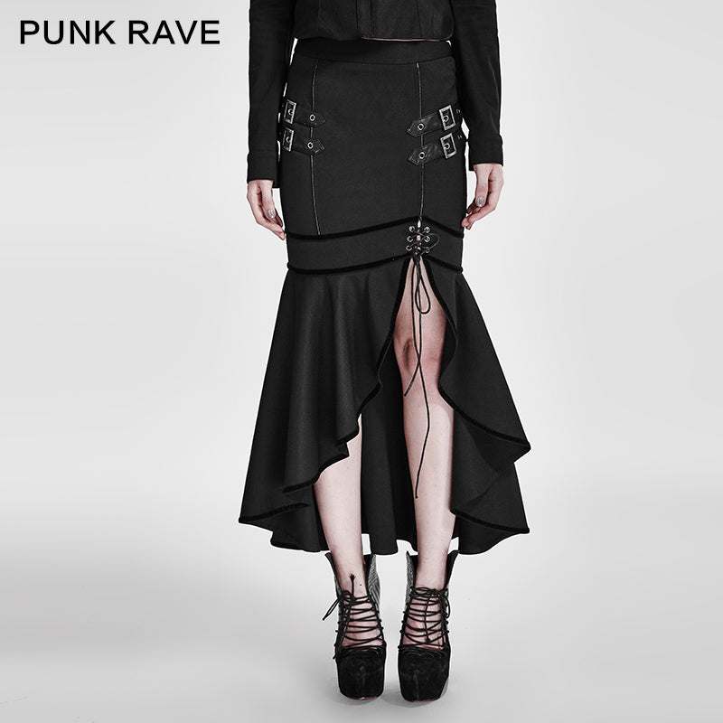 Q-293 black Military Slit Flishtail Slim Fitting Half Long Punk Skirt