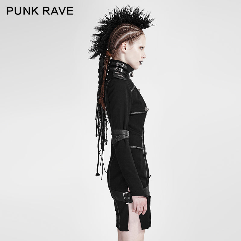Q-300 black High Collar Long Sleeves Skinny Military Punk Dress