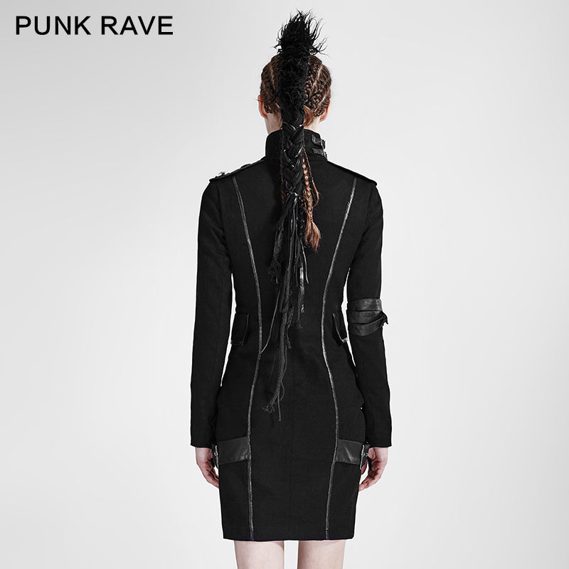 Q-300 black High Collar Long Sleeves Skinny Military Punk Dress