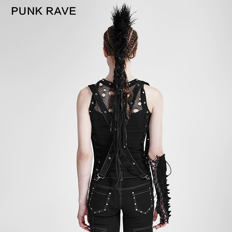 T-212 Personality Sleeveless Puffer Printed Mesh Punk Shirts For Women