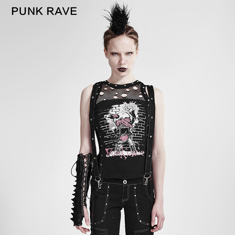 T-212 Personality Sleeveless Puffer Printed Mesh Punk Shirts For Women