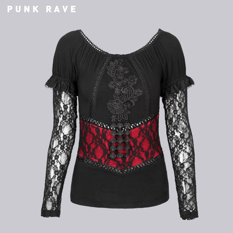 T-373 Casual Wear Soft And Thin Cotton Lace Long Sleeve Gothic T-shirts