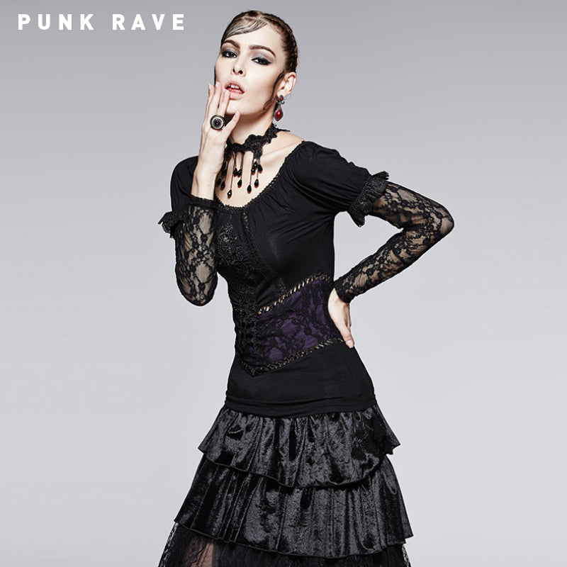 T-373 Casual Wear Soft And Thin Cotton Lace Long Sleeve Gothic T-shirts