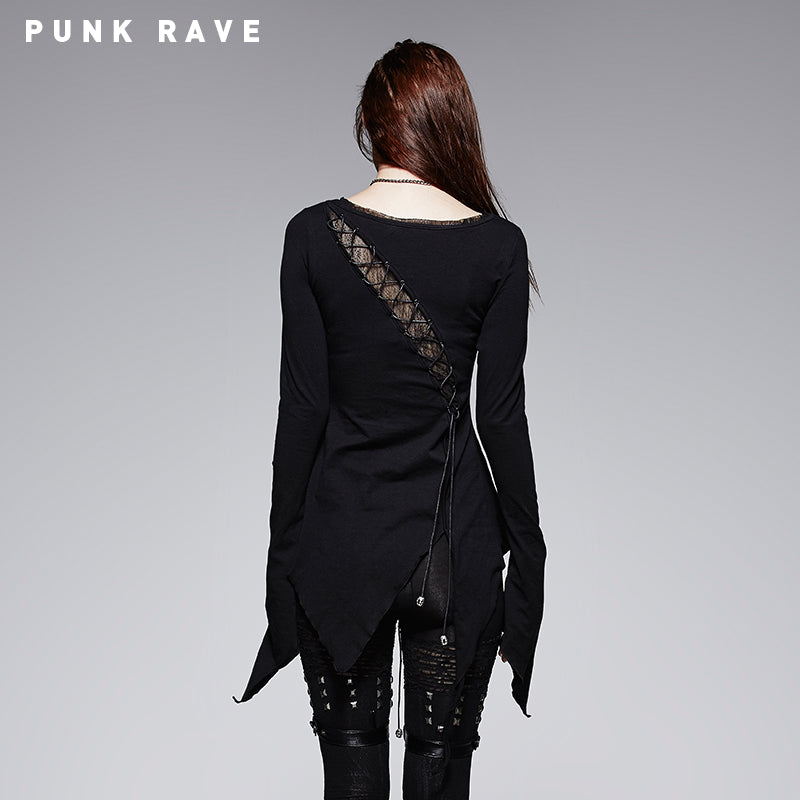 T-377 Asymmetric Cotton Inner Tight Long Sleeve Gothic T-shirts