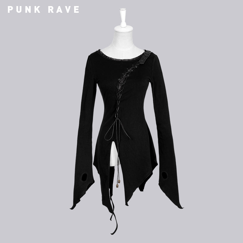T-377 Asymmetric Cotton Inner Tight Long Sleeve Gothic T-shirts