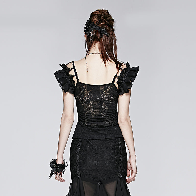 T-390 black Falbala Sexy blackless Chiffon Lace Gothic Shirt