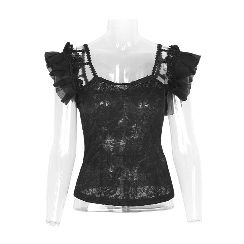 T-390 black Falbala Sexy blackless Chiffon Lace Gothic Shirt
