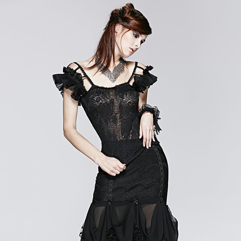 T-390 black Falbala Sexy blackless Chiffon Lace Gothic Shirt