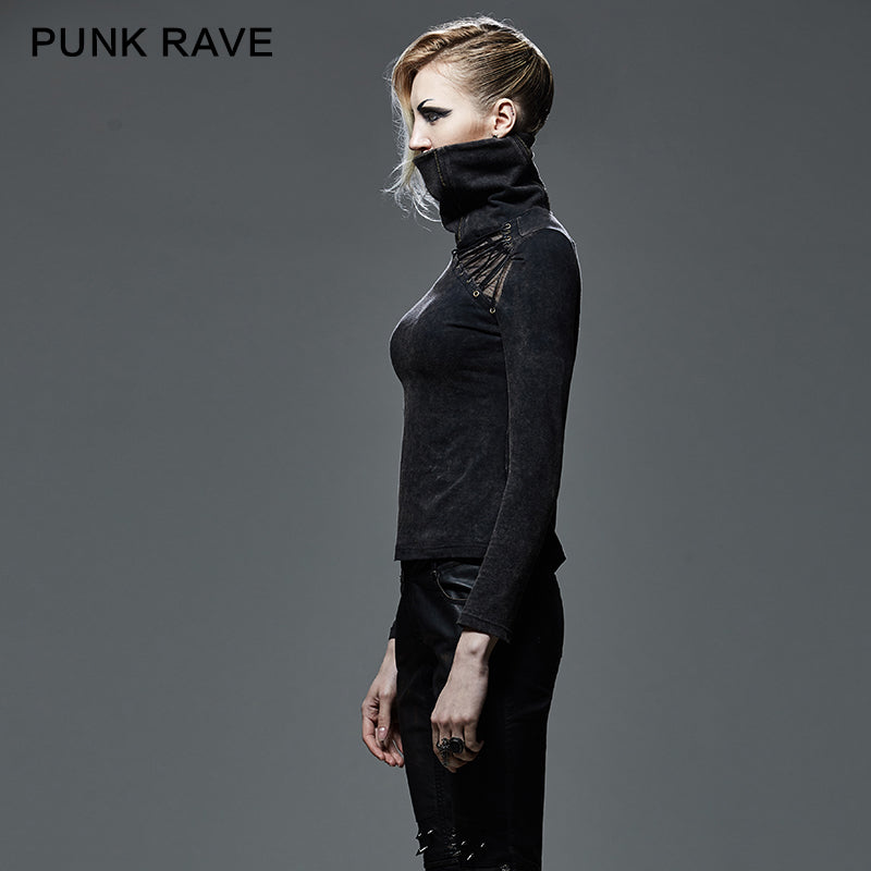 T-404 Drawstring Hollow-out Club Elastic Punk Shirts With Standing Collar
