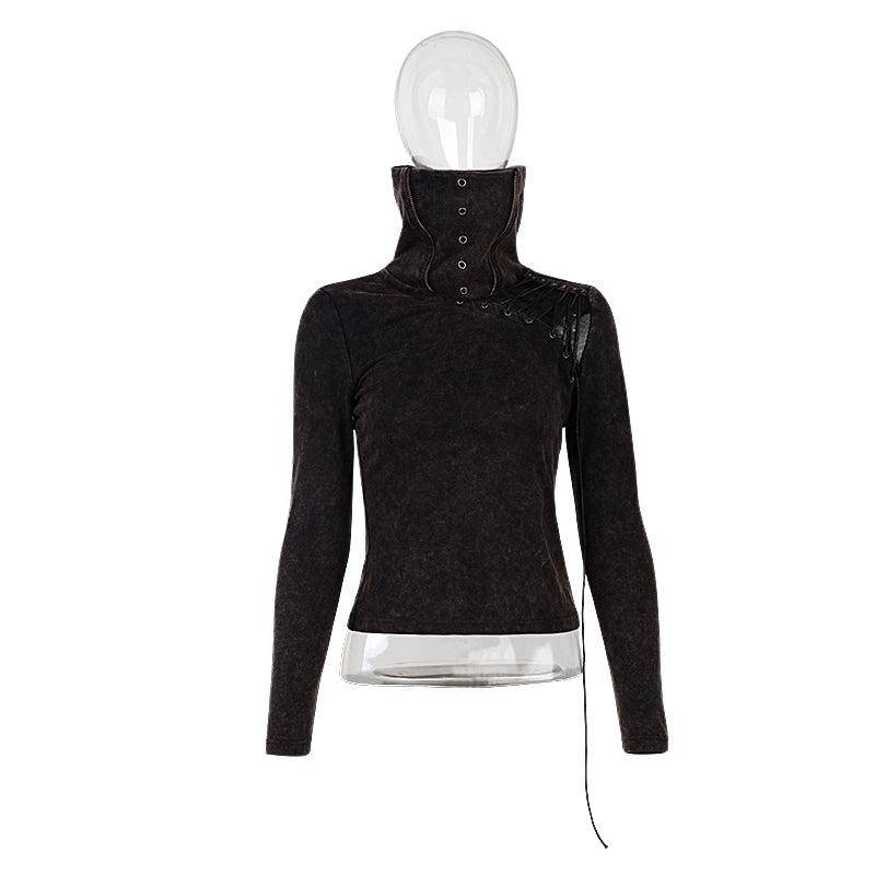 T-404 Drawstring Hollow-out Club Elastic Punk Shirts With Standing Collar