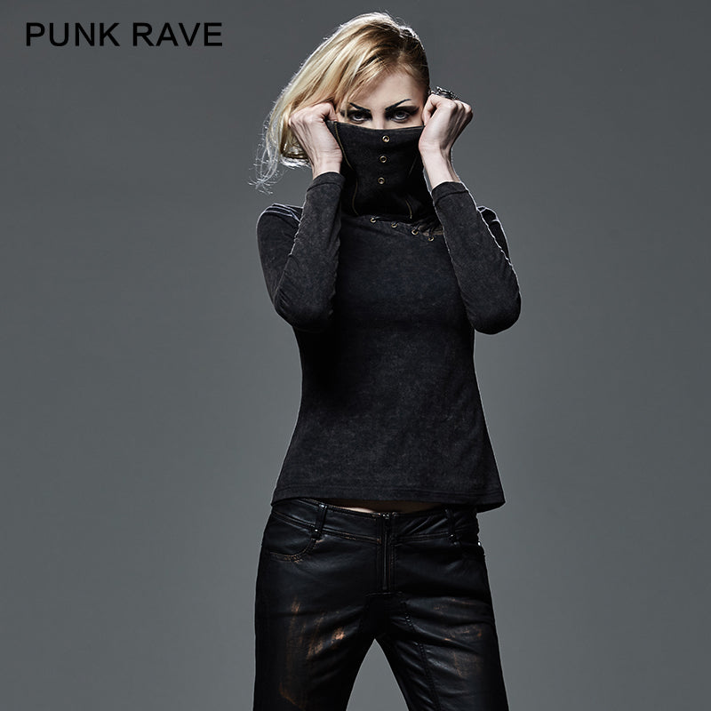T-404 Drawstring Hollow-out Club Elastic Punk Shirts With Standing Collar