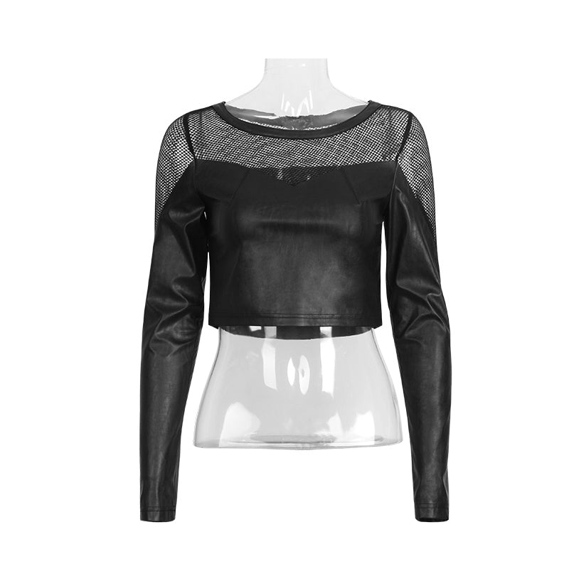 T-410 Fashion Old Skull Long Sleeve Mesh Fabric Leather Punk Shirts