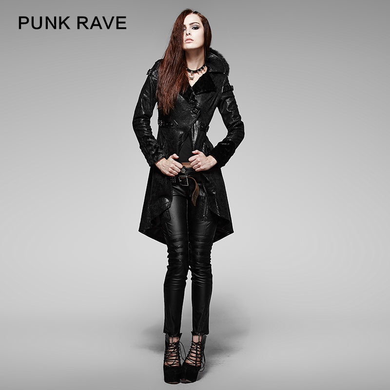 Y-352 black Long Soft Leather Gothic Trench Coats With V Collar