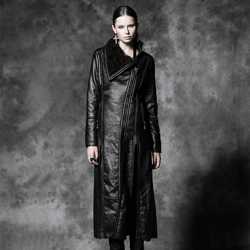 Y-485 Military Winter Long Leather Punk Coat With Collar