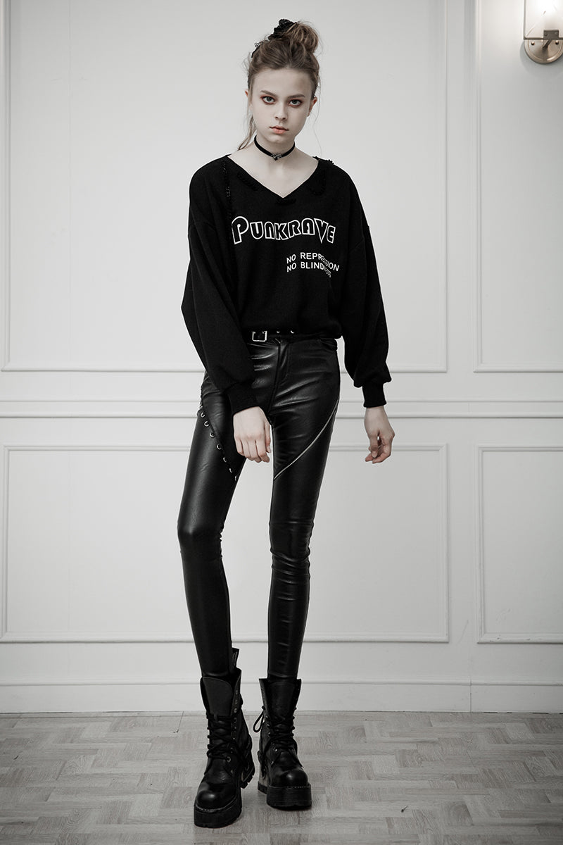 OPK-251 Heavy Industry Asymmetric Metal Design Skinny PU Pants