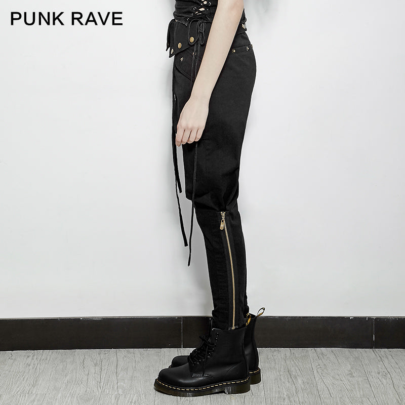 PK-090 Solid Long Length Elastic Waist Punk Pants With Zipper Dressed