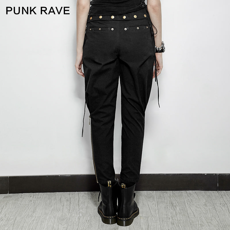 PK-090 Solid Long Length Elastic Waist Punk Pants With Zipper Dressed