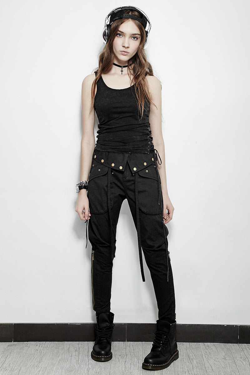 PK-090 Solid Long Length Elastic Waist Punk Pants With Zipper Dressed