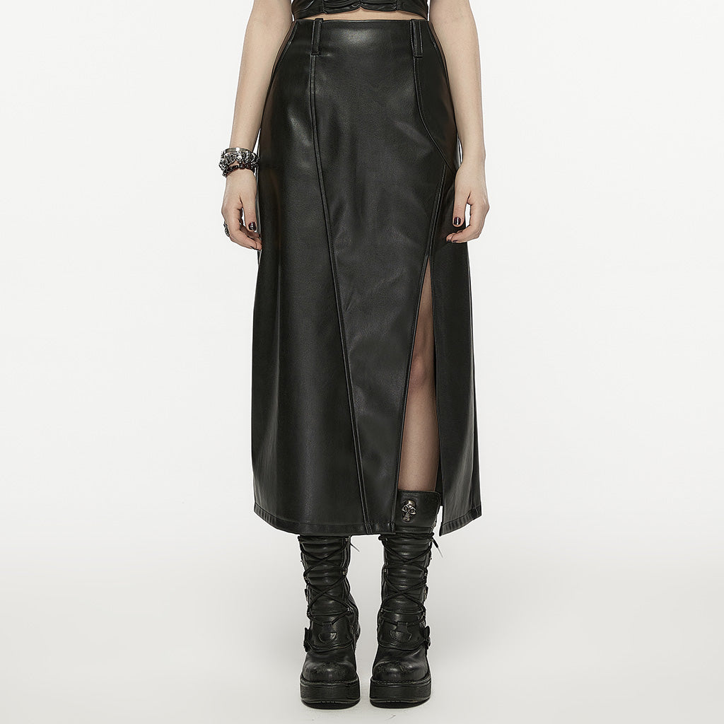 A-line high waist split faux leather skirt OPQ-1399BQF