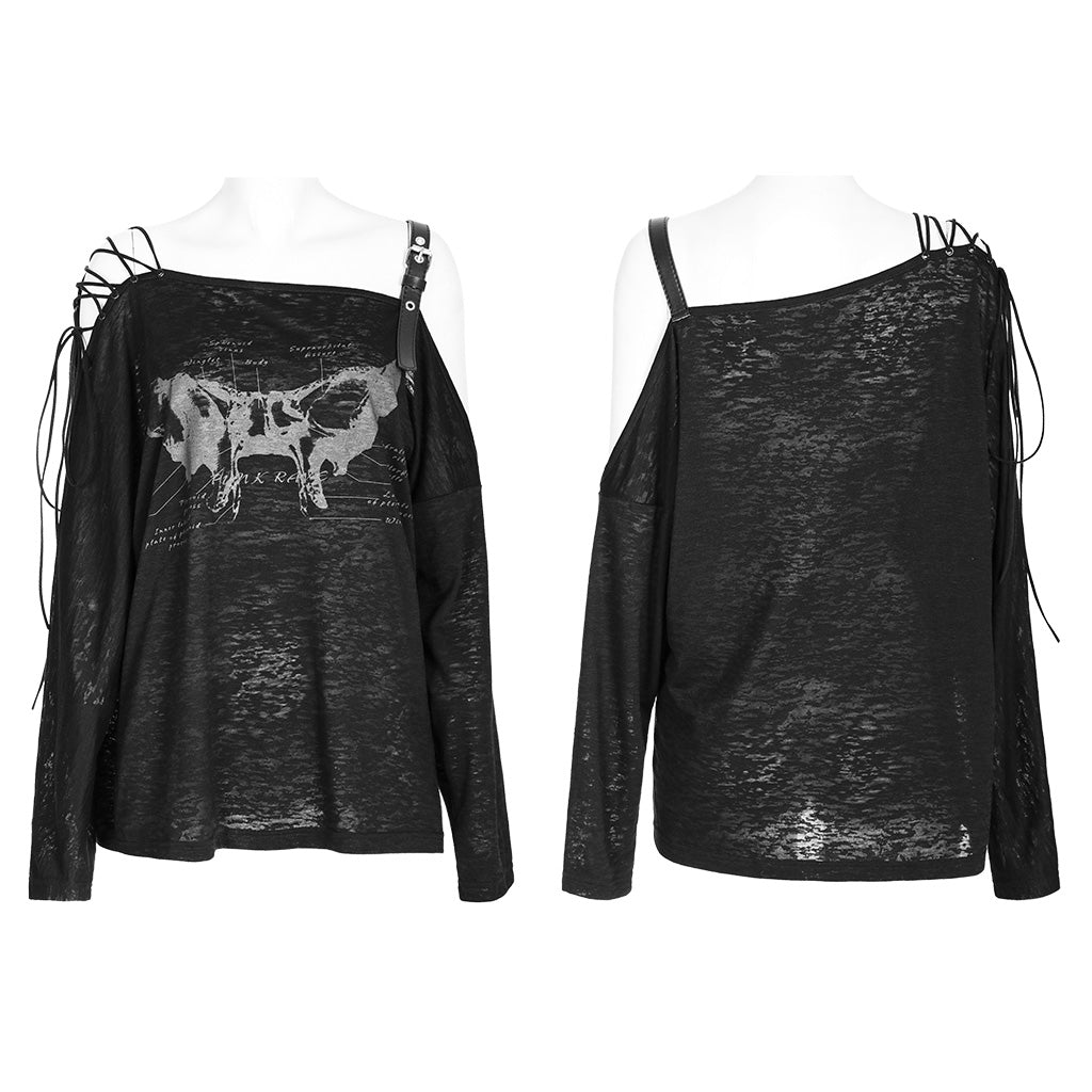 Punk Loose Off Shoulder Print Long Sleeve T-shirt OPT-846TCF