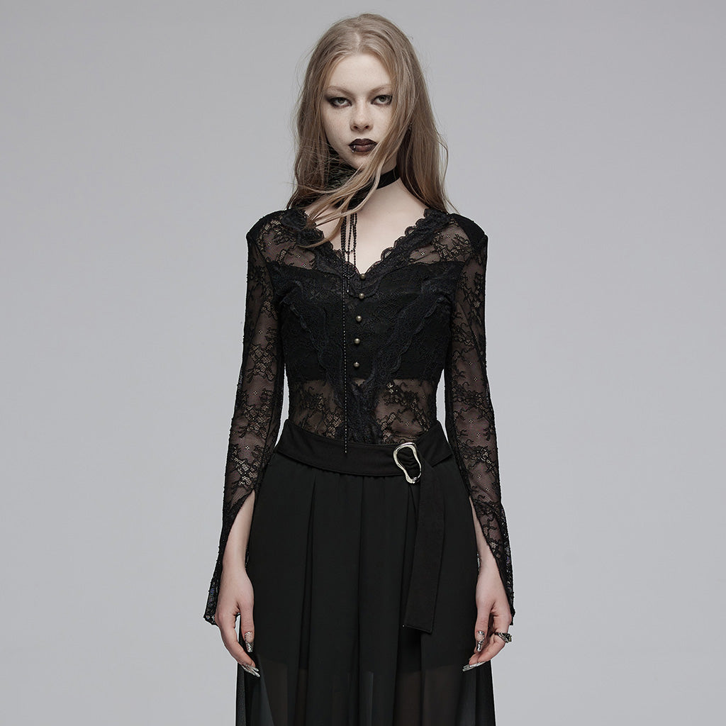 Gothic lace sexy long sleeve T-shirt OPT-853TCF - Punk Rave Original Designer Clothing