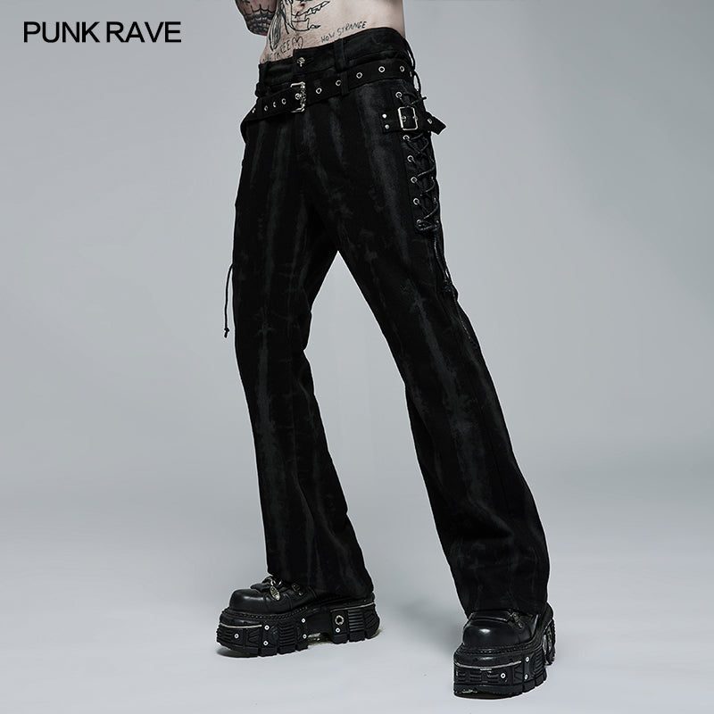 WK-504NCM Punk Daily Wear Dark Texture Flare Trousers