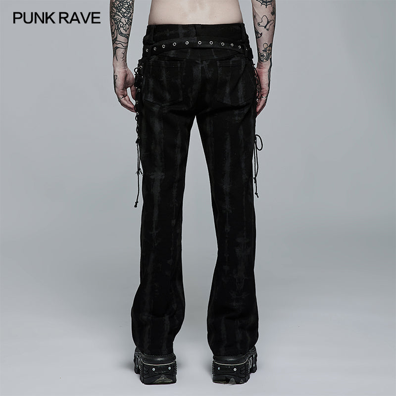 WK-504NCM Punk Daily Wear Dark Texture Flare Trousers