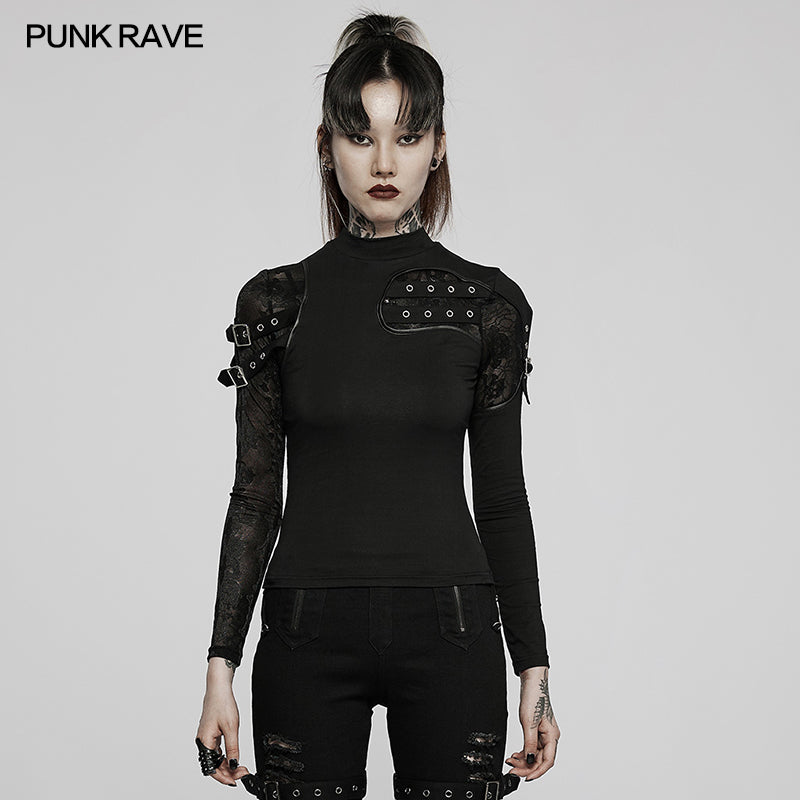 WT-726TCF Punk knit stand collar T-shirt