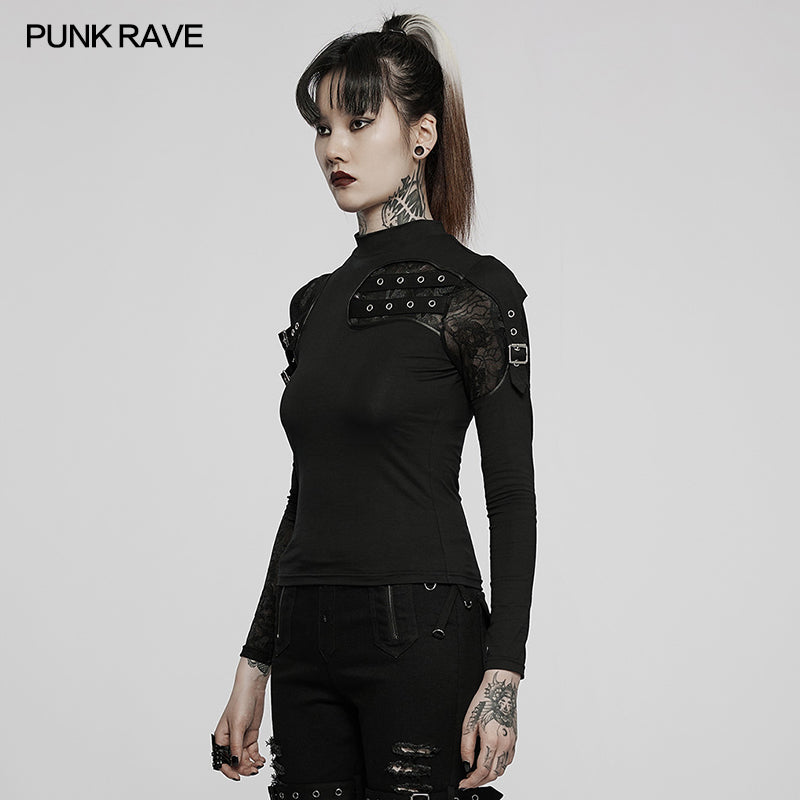 WT-726TCF Punk knit stand collar T-shirt