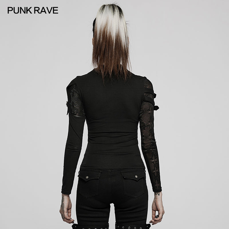 WT-726TCF Punk knit stand collar T-shirt