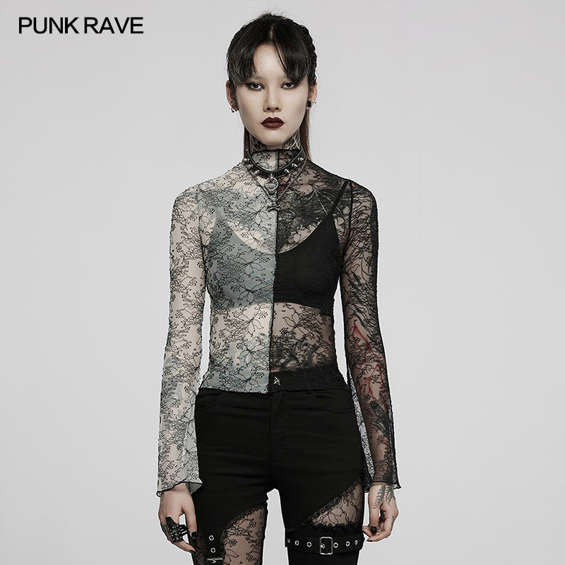 WT-727TCF Gothic simple spliced lace T-shirt