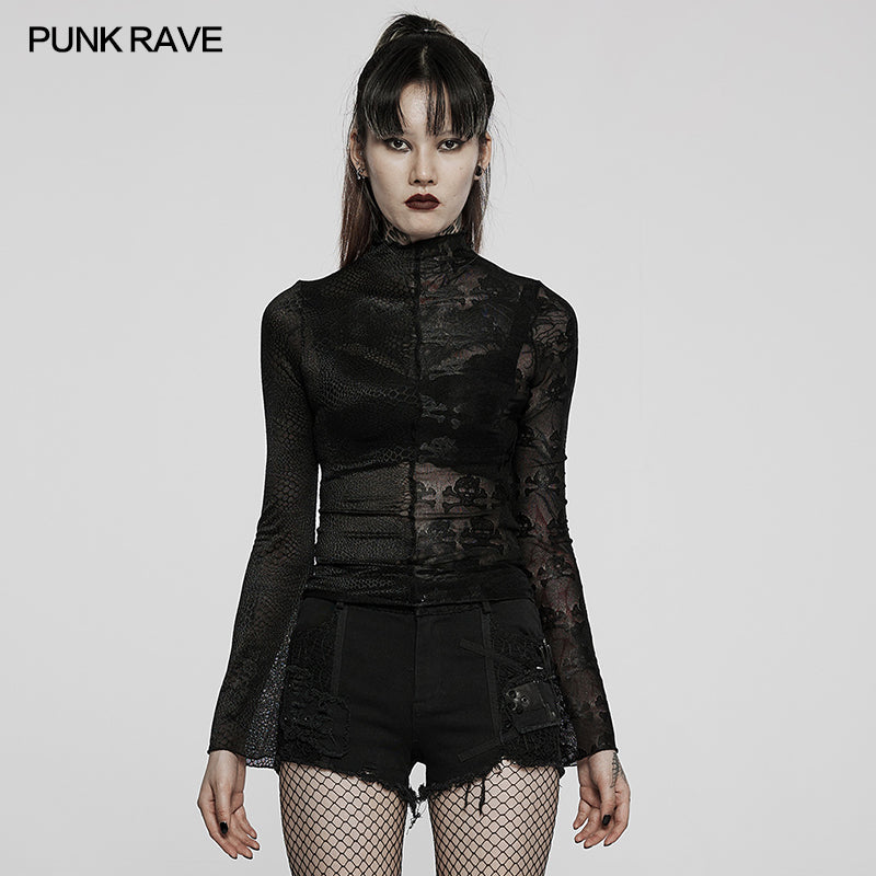 WT-727TCF Gothic simple spliced lace T-shirt