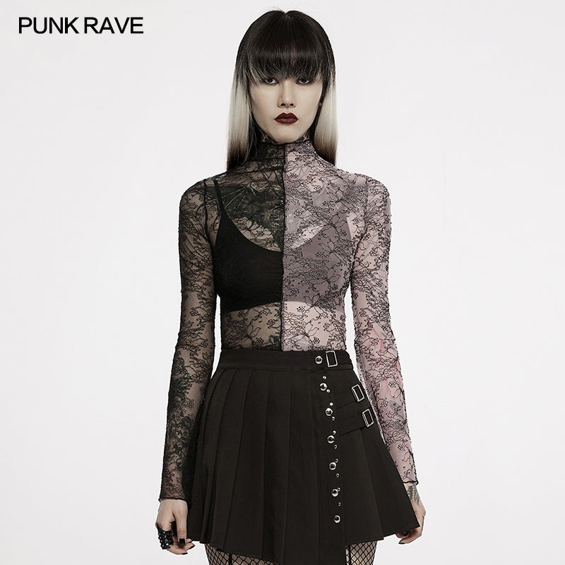 WT-727TCF Gothic simple spliced lace T-shirt