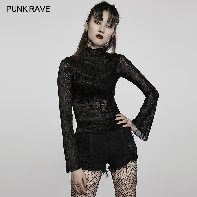 WT-727TCF Gothic simple spliced lace T-shirt