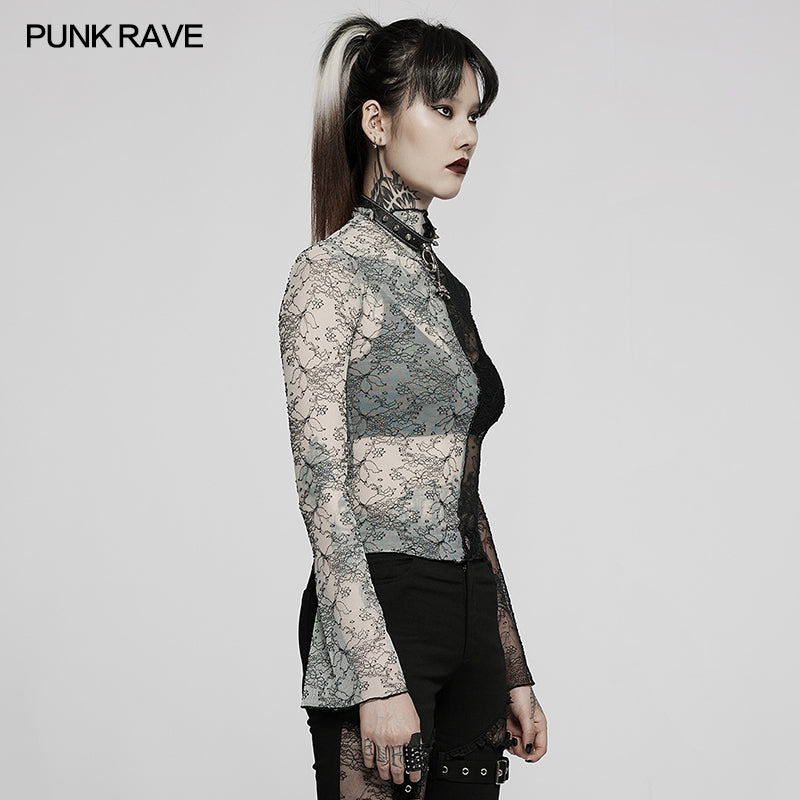 WT-727TCF Gothic simple spliced lace T-shirt