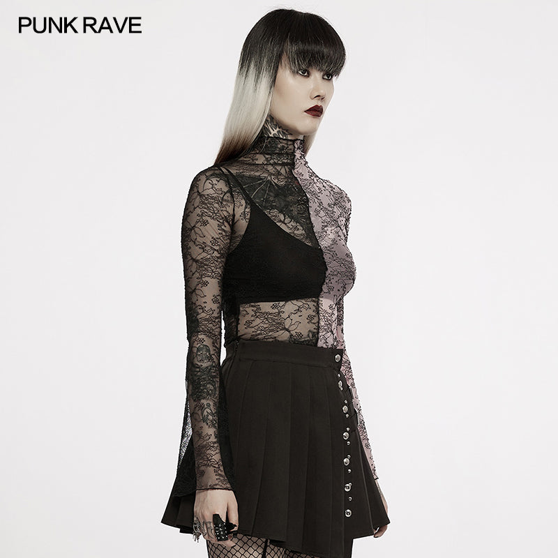 WT-727TCF Gothic simple spliced lace T-shirt
